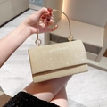 Elegante bolso de noche dorado con purpurina y asa circular de metal para mujer - Asa Dorada