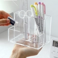 Transparent acrylic desk organizer with two compartments holding stationery items - Simple 3-Compartment Pen Holder / Clear