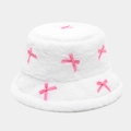 Witte pluchen vissershoed met roze satijnen strikken voor herfst- en winterstijl - Eén maat / Wit