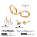 Detail of waterproof stainless steel earring set with pearl and zircon studs on white background - Hoop/Pearl/Triple Drill Earring Set (JDEW2408052)