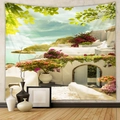 Detail of Mediterranean landscape tapestry featuring white houses and pink flowers - Mediterranean Santorini Style Seascape (GT109961)