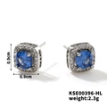 Detailed view of square blue zircon halo earrings with 0.9cm silver plated studs - Silver-Lake Blue Zircon