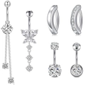 Stainless steel belly ring set with butterfly zircon pendants and earrings in silver finish - Silver Ring Set