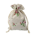 Floral print cotton linen drawstring pouch bag in beige with purple flower patterns - 10x14cm / Rose Blossom Brooch