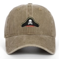 Close-up of pirate skull embroidery on washed cotton khaki vintage baseball cap - Adjustable / Khaki