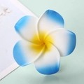 Detailed macro view of tri-color Plumeria EVA foam flower with bright blue petal edges - Sky Blue