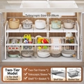 White expandable 2-tier under sink shelf storage rack with metal baskets 53-88cm width - Double Tier 5 Boards 5 Baskets / Classic White
