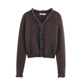 Cardigan da donna marrone scuro con scollo a V e bordo intrecciato decorativo - S / caffè