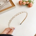 Elegant thin headband with white pearls on a gold metal base for women's hair styling - Woven Pearl Slim Style / White