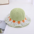 Children's light green woven straw hat with white lace trim and orange daisy embroidery - Lace Floral / Circumference 50-53cm / Grass Green