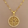 Macro detail of gold-plated titanium necklace with micro-paved crystal coin pendant - Hollow Coin Style (E425)
