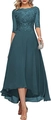 Elegant teal lace high-low evening dress with half sleeves and flowing chiffon skirt - L(US 12) / Dark Green