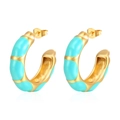 Detail of bamboo joint earrings with gold plating and turquoise enamel inlay - Blue