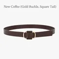 Women's minimalist coffee brown leather belt featuring a classic gold square buckle - New Coffee (Gold Buckle Flat Tail)