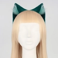 Green and light cyan plush cat ear headband accessory for cosplay on a blonde mannequin - Green