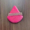 Pink triangular powder puff with luxury diamond-studded strap on a natural wood surface - White Rhinestone Decor / Rose Red