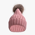 Solid lotus pink knitted beanie with a large brown faux fur pom-pom and ribbed cuff - Kids (50-54cm) / Pink