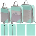 Mint green 7-piece compression travel organizer set with mesh cubes and laundry bags - 7-Piece Set (Double Shoe/Drawstring Bags) / Lake Blue
