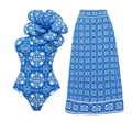 Bañador de un hombro azul con flor 3D y conjunto de falda larga de playa con estampado - S / Conjunto de Estampado Azul y Blanco