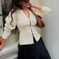 Cárdigan de punto beige para mujer con cuello en V y cierre frontal de estilo moderno - S / Blanco Roto