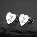 Pair of silver heart-shaped stainless steel stud earrings with letter Z engraving - Letter Z / Steel