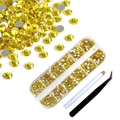 Detailed set of yellow flatback nail rhinestones with picking pen and tweezers tools - Lemon Yellow Set with Dotting Pen & Tweezers