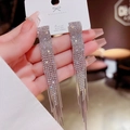 Sparkling long tassel drop earrings with white rhinestones and 925 silver needles - Full Rhinestone Bright Silver Long Tassel Earrings (E0033)