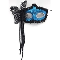 Blue sequin masquerade mask with black lace butterfly and long sequined tassels - Butterfly Tassel Ribbon Style / Blue