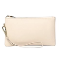 Minimalistische beige echt lederen portemonnee met litchi-korrel, polsband en rits - Broken Wit