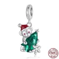 Cute S925 sterling silver Christmas bear charm with red hat and green crystal tree - Bear with Christmas Tree