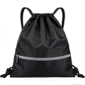 Black waterproof nylon drawstring bag with honeycomb texture and reflective zipper - Black with Grey Zipper