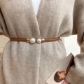 Detail of slim brown leather belt with gold pearl buckle on oatmeal cardigan - Adjustable Style / Pearl Brown