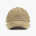 Front view of a distressed washed cotton baseball cap in khaki, vintage style SKU - Distressed Ripped Style (24A177) / Khaki