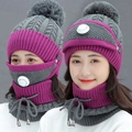 Winter thermal set with knitting hat, neck warmer and breathing valve mask in rose red - Gray