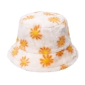 Cappello a secchiello in peluche bianca con stampa margherita e pelliccia sintetica - 58cm / Bianco + Arancione
