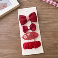 Detail of red fabric bow hair clips and embroidered floral hairpin set for girls - Style 2-Burgundy Cotton Filled Bow Set