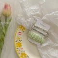 Floral print square hairpin and pleated light green hair clip set on display plate - 2-Piece Set (Green)