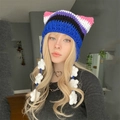 Knitted cat ear beanie with demon horns and white floral tassels in blue and black color - Adult 56-59cm / Pink White Purple Black Blue