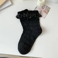 Black Lolita socks with lace ribbon and jacquard texture on white desk setup - One Size / Black Rose