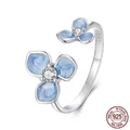 Minimalist S925 sterling silver open ring featuring blue enamel flowers and zircon - Double Flower Open Ring (SCR1089-E)