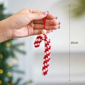 Handcrafted red and white knit candy cane Christmas ornament with wooden bead, 16cm height - Christmas Candy Cane / Red