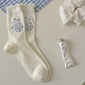 White crew socks with cute cat embroidery, ruffled lace trim, and ribbed cotton texture - One Size / Cream