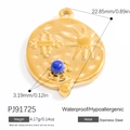 Golden stainless steel sun pattern pendant with a centered blue natural stone bead - Round Sun Cross Pattern Style (PJ91725) / Blue