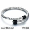 Silver stainless steel cable wire bracelet with black tips and adjustable open cuff design - Two-tone Black