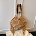 Brown hand-woven cotton tote bag with tassels hanging on a cabinet door - With Pendant / Khaki