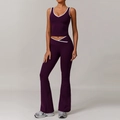 Deep purple two-piece yoga set with white contrast trim and flared high-waist leggings - L / Top And Bottom / Kyoho Purple (Vest + Flare Pants)