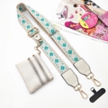 Detail of woven phone strap with geometric pattern and white zippered mini pouch - Light Green Diamond Strap And Pouch And Phone Patch