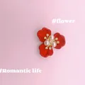Red matte flower brooch with three pearls and golden rhinestones for wedding decor - Off White