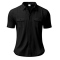 Macro view of black linen-blend shirt showing buttoned chest pockets and woven texture - S / Black