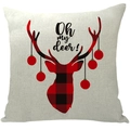 Linen Christmas pillowcase with red plaid deer head and Oh my deer text design - A16